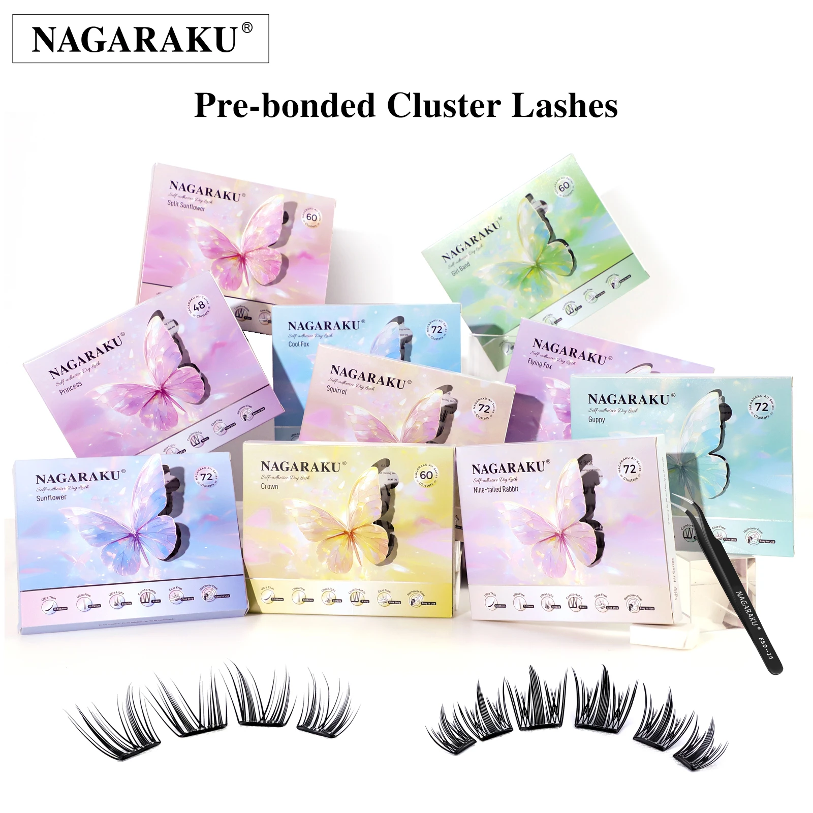 NAGARAKU Vorgefertigte Cluster-Wimpern ohne Kleber, DIY-Wimpern, selbstklebende Wimpern für Make-up, alle Größen, Pinzetten-Geschenkset – Detail 1