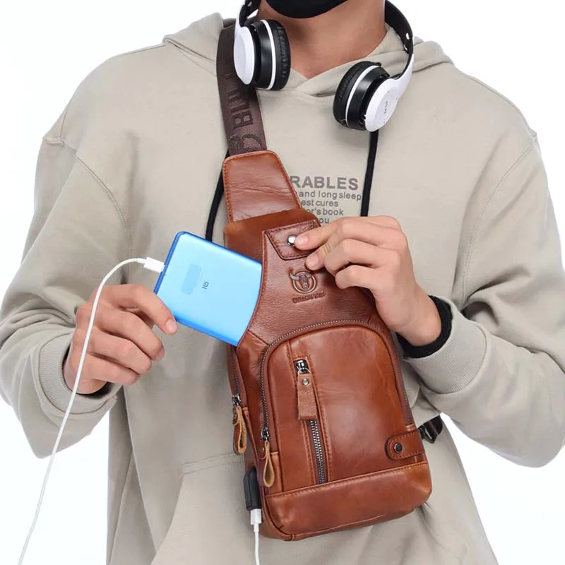 Genuine Leather Men Chest Bag USB Charging Multifunction Travel Fanny Crossbody Bag Outdoor Casual Shoulder Bags Strap Handbag