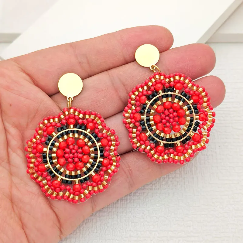 ZGMXR Rice bead earrings Sunflower  Hand knitting Crystal Red Design Hollow out Bohemia Alloy Fashion Versatile Beaded earrings