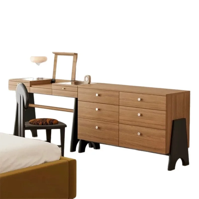 Simple Retro Solid Wood Six-chest Cabinet 3-layer Oak Striped Glass Cabinet With Drawers