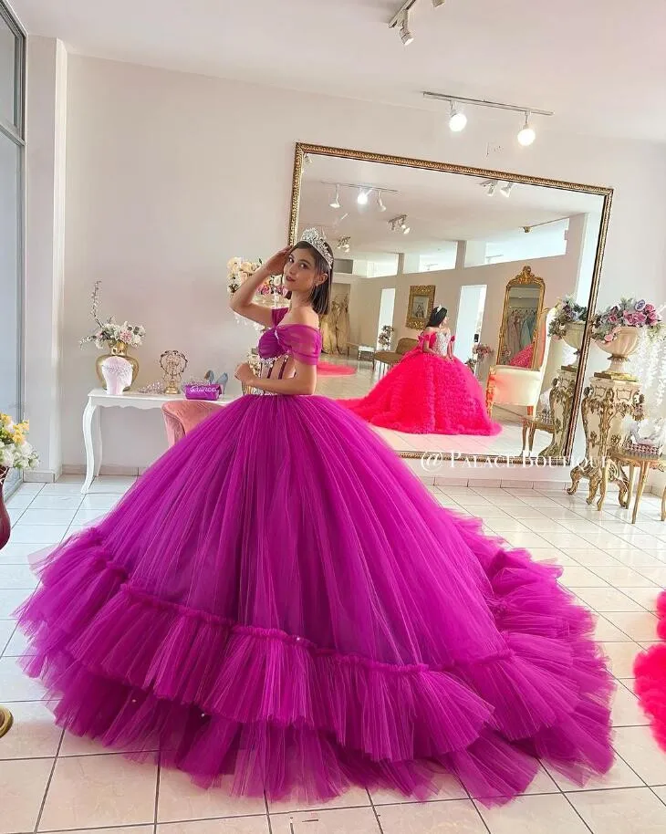 Vestido de quinceañera de princesa fucsia, manga con hombros descubiertos, escote Corazón, quinceañera, dulce 16, graduación, cordones