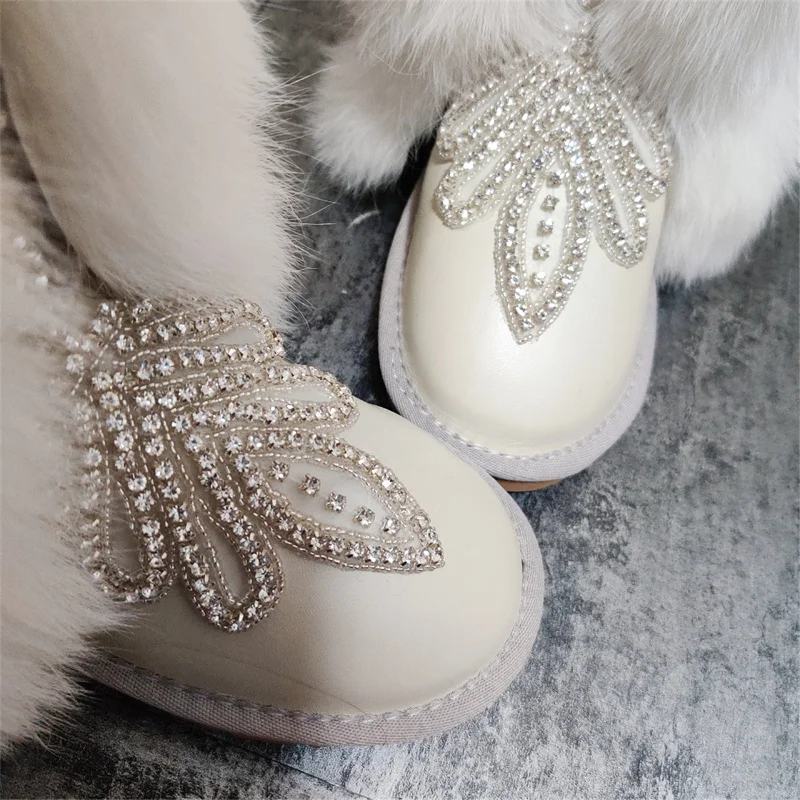 Natural fox hair high snow boots water drill hand-made thick real cowhide warm cotton boots high large size 35-44