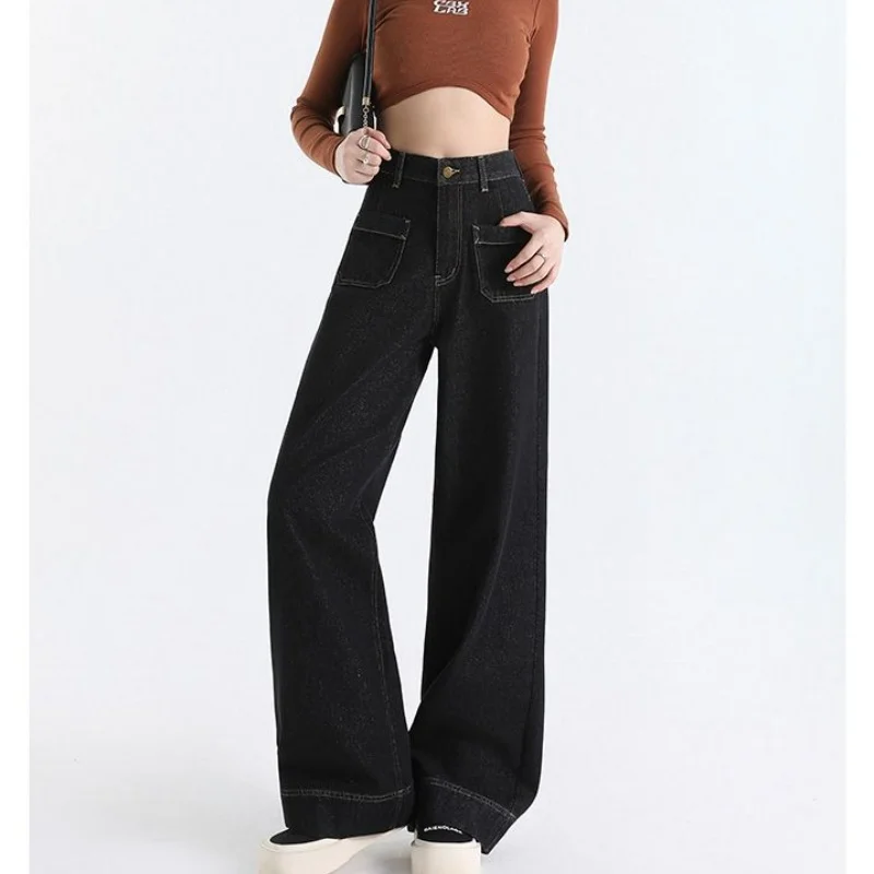 

Lady Chic Retro Straight Leg Jeans Girls High Waist Slim Fit Denim Pants Lady Fashion Chic Design Pockets Casual Trousers