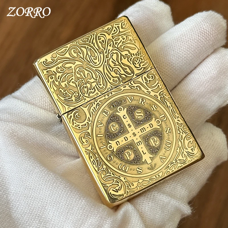 2024 Original ZORRO Kerosene Lighter Retro Creative Pure Copper Shell Windproof Brass Cigarette Gasoline Engine Smoking Gift Box