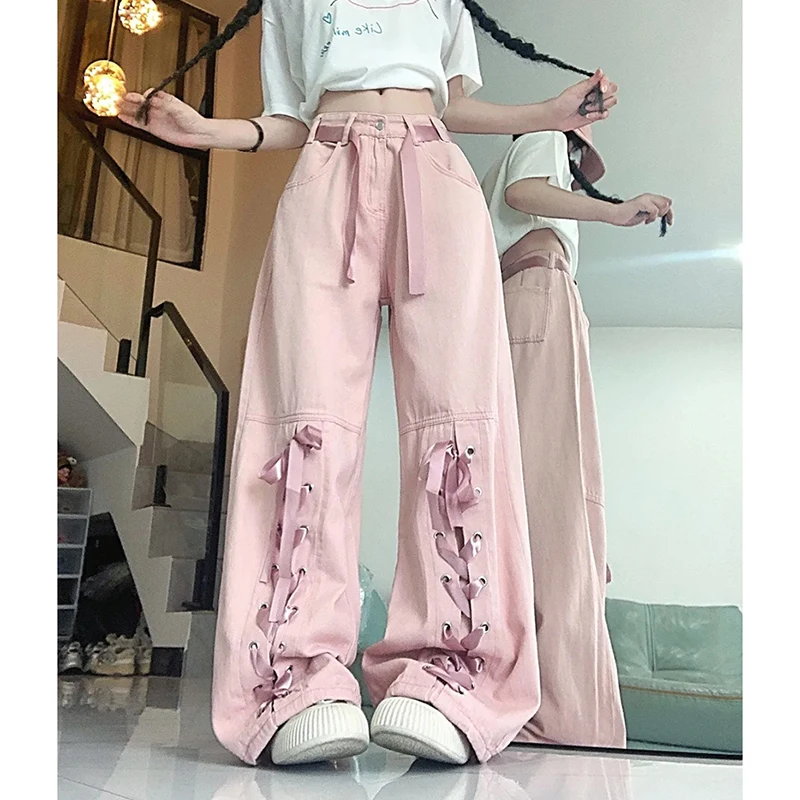 

Korean Pink Tie Bow Cargo Pants Summer Street Harajuku Y2K Loose Wide Leg Pants Straight Casual Hiphop High Waist Trousers