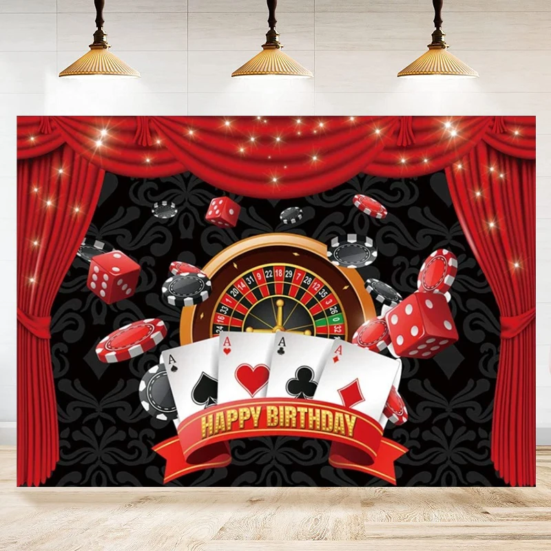 

Las Vegas Casino Birthday Party Photography Backdrop Playing Cards Red Curtain Birthday Decoration Banner Background poster