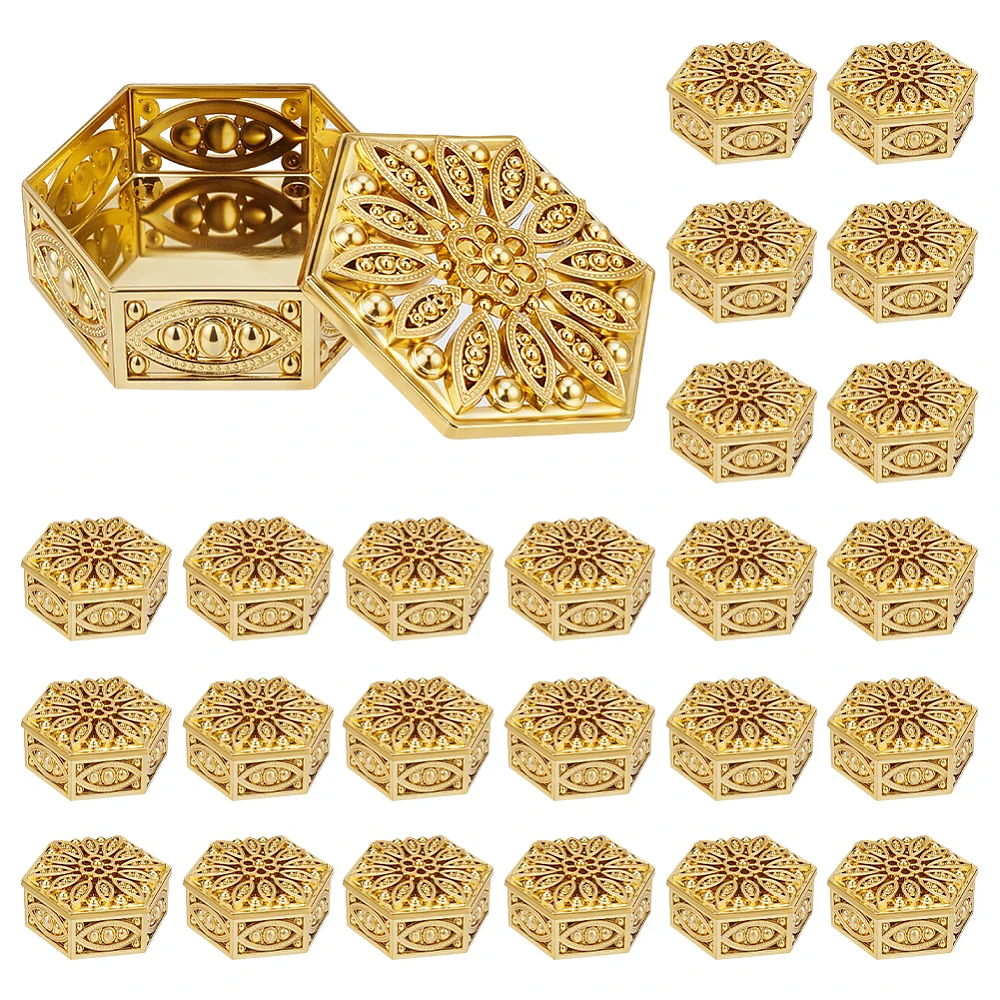 26 Pcs Gold Boxes Hollow Floral Favor Containers Plastic Trinkets Storage Boxes with Lid Reusable Sweet Holder 2.8x2.5x1.3 Inch