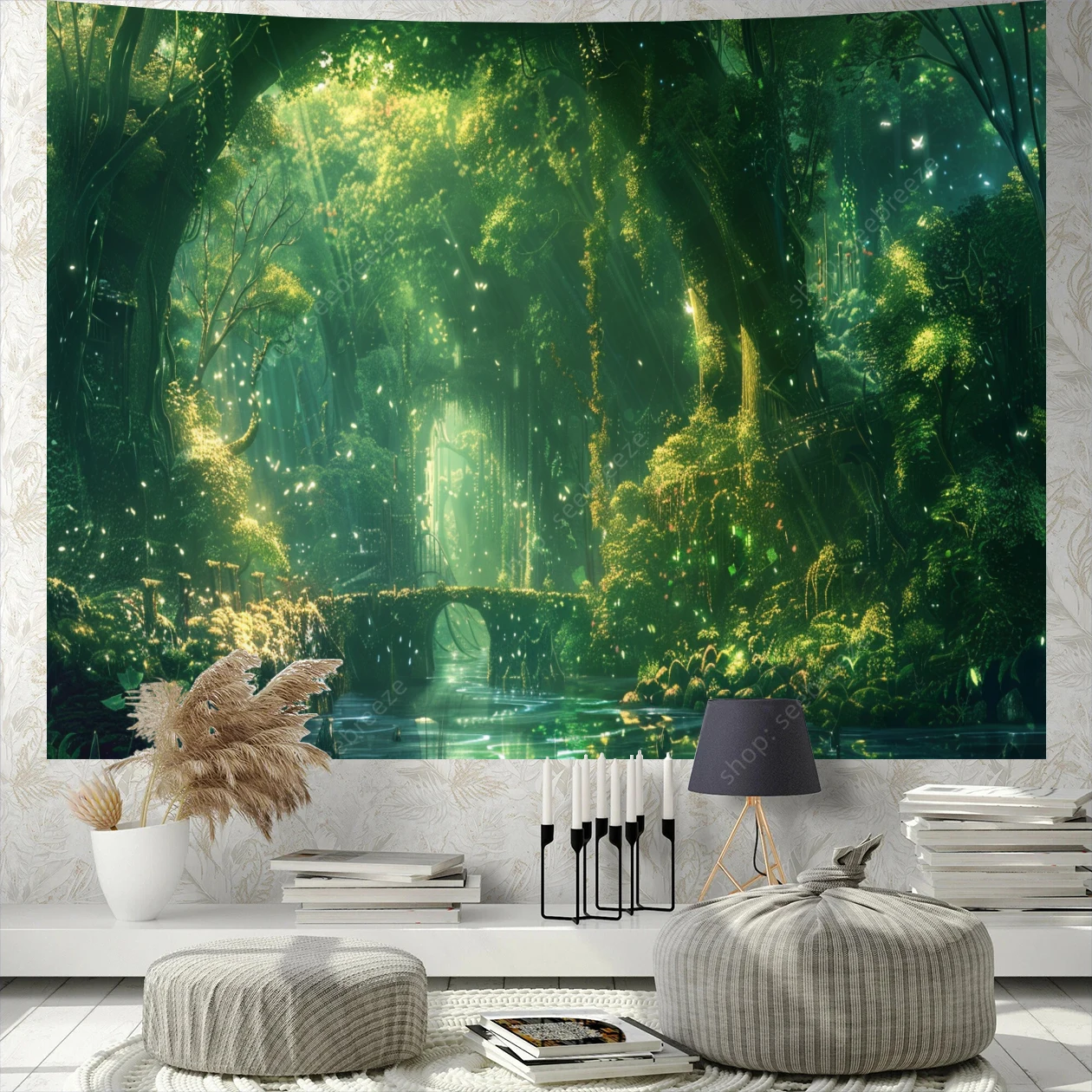 Sunshine Forest Tapestry Bridge and Flowing Water Tapestry Wall Hanging Room Decor Aesthetics Home Wall Decor Curtain Blanket