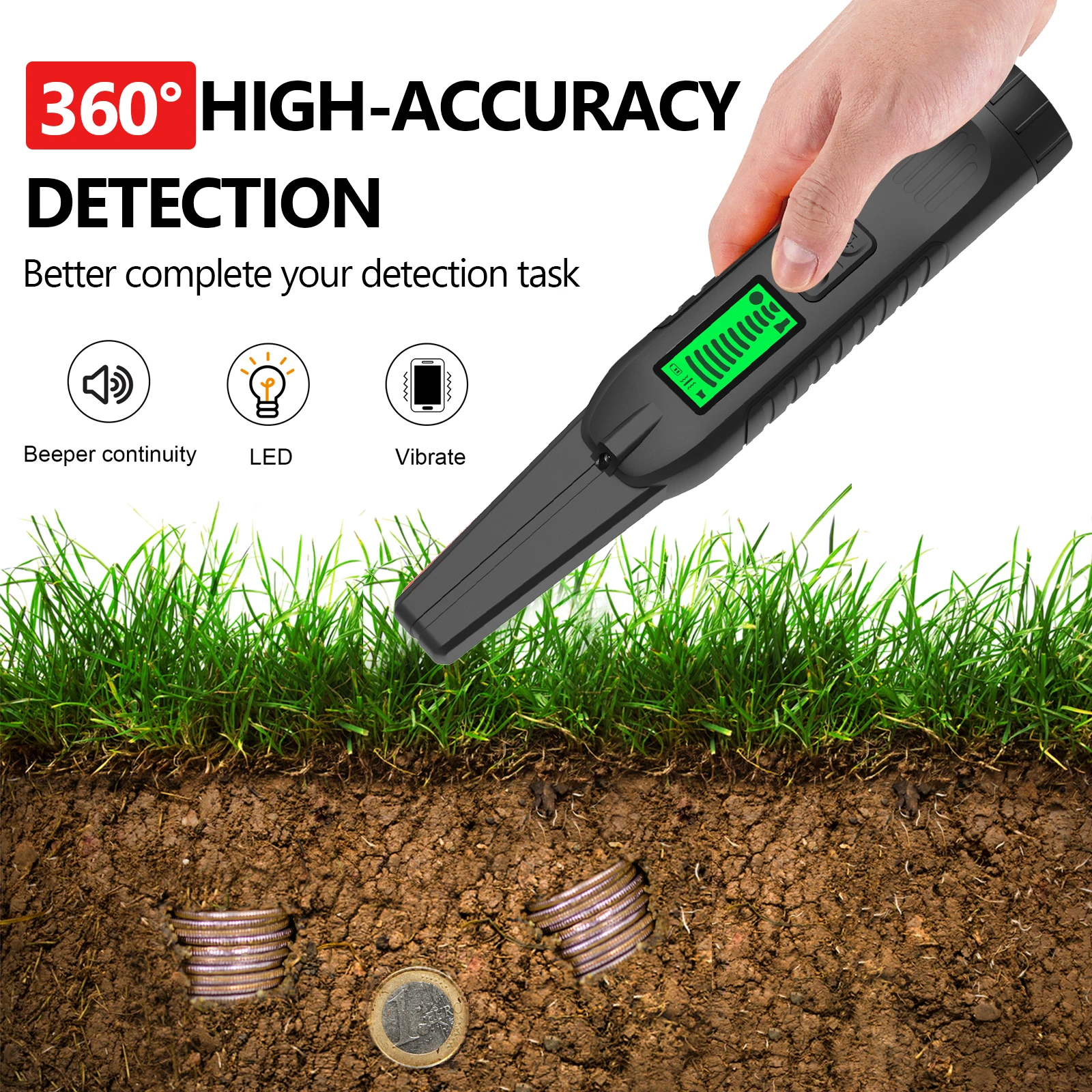 

Professional Metal Detector with 360° Scan LCD Waterproof Portable Finder High Sensitivity Detector For Beach/Field Hunting