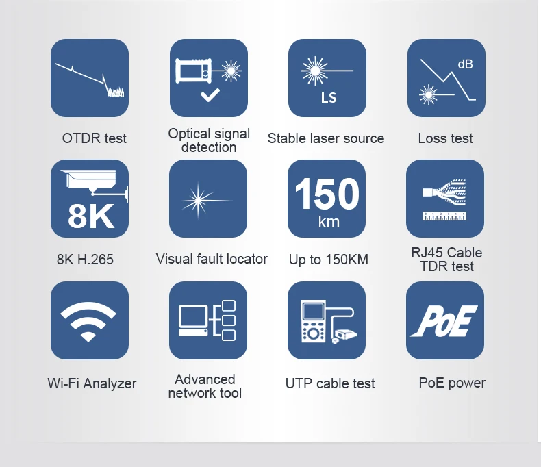 شاشة 5.4 بوصة IPS تعمل باللمس بدقة 1920*1152 OTDR & 8K جهاز اختبار CCTV اختبار الألياف المدمج اختبار الكاميرا واختبار الكابلات