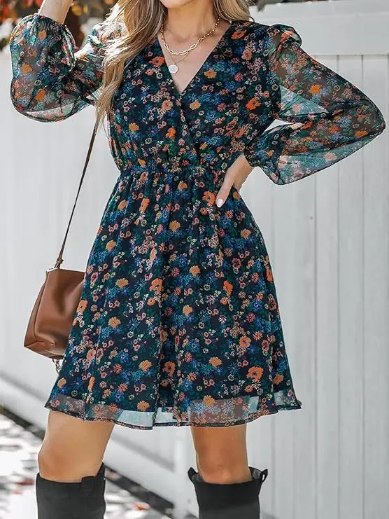 SKMY 2025 ربيع جديد ملابس النساء أنيقة الشيفون شير موضة فستان مُزين بطباعة الخامس الرقبة عالية الخصر كم طويل فساتين الحفلات