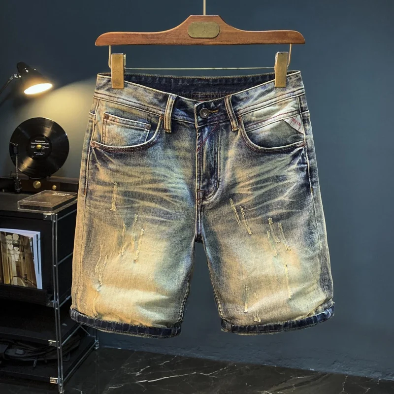 2026 New Vintage Blue Denim Shorts for Men, American Casual Style, Classic, Slim Fit, Versatile, 5 Inch Knee Length, Summer Casu