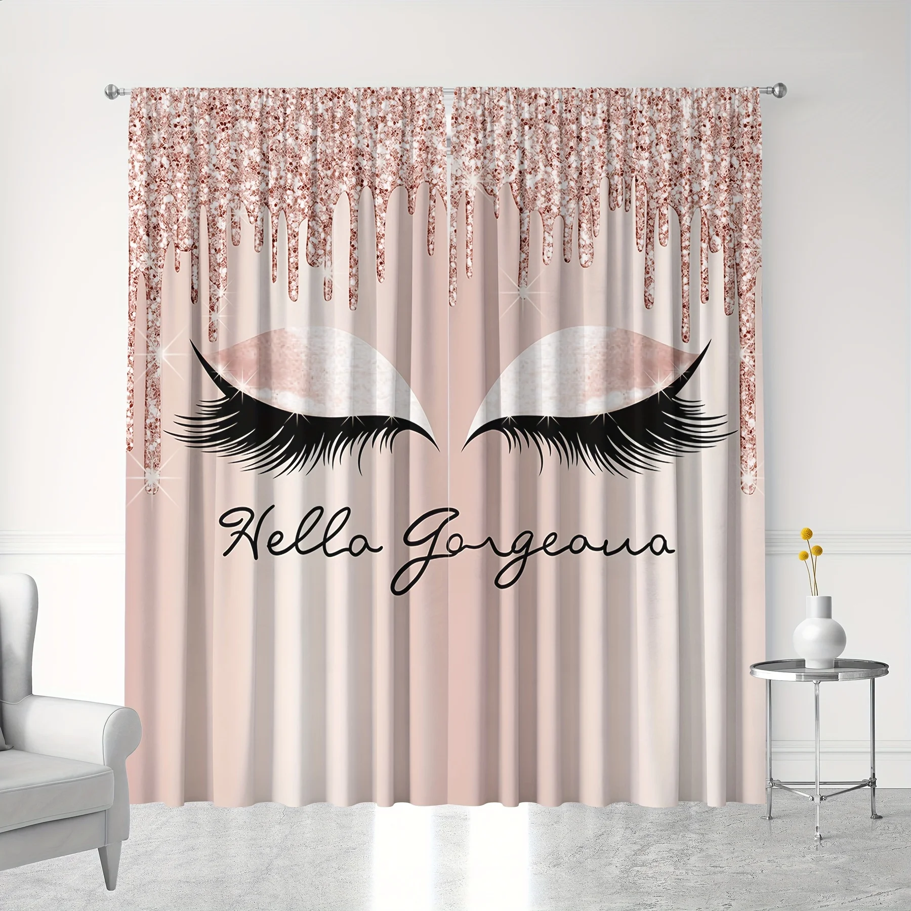 Glitter Eyelash Curtains with Pink Sparkle Drips and Hella Gorgeous Text Glamorous Beauty Theme Window Drapes for Bedroom Decor