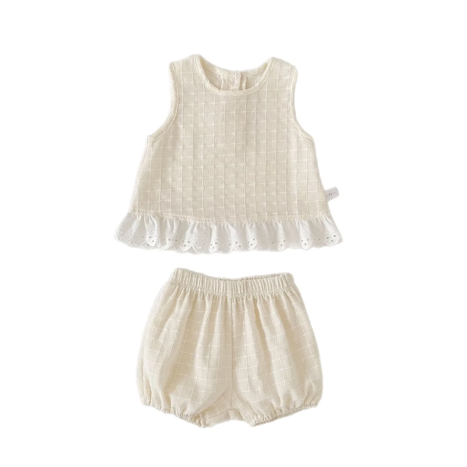Bild 6: 2026 Neues Mädchen-Sommer-Set, Elegantes Mädchen-Set mit Kariertem Spitzen-Top ohne Ärmel und Blumenmuster-Shorts, Zweiteiliges Set