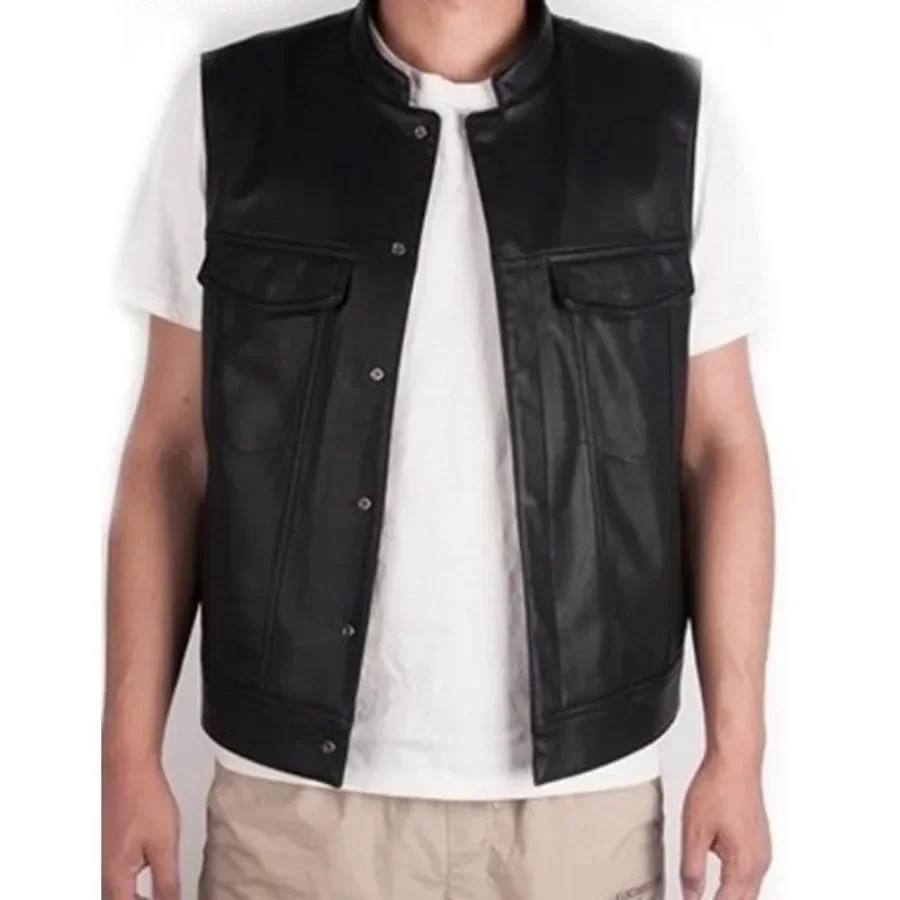New Men's PU Leather Vest Black Zip Motorcycle Waistcoat Stand Collar Sleeveless Jacket Coats Fashion Retro Casual Vests for Men