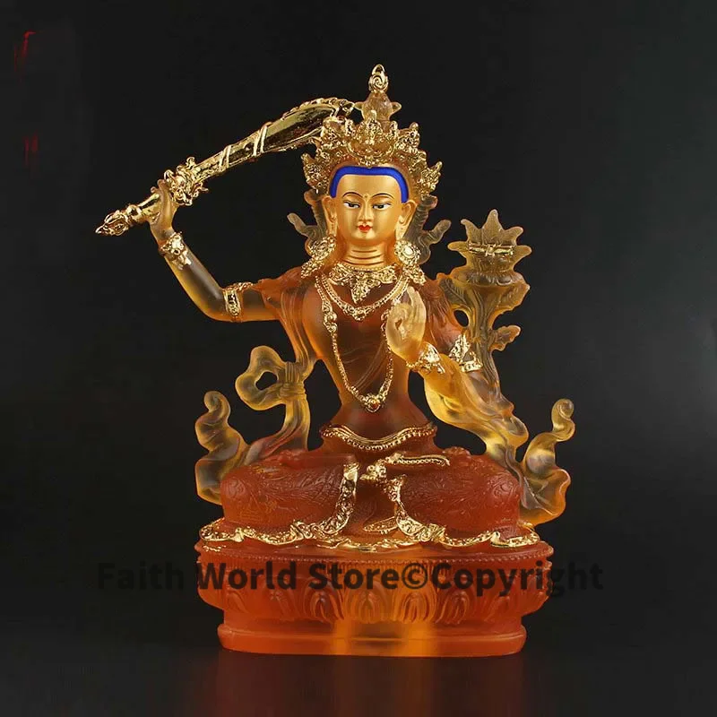 23CM Large HOME FAMILY Talisman efficacious Protection Nepal Tibet Buddhism Manjusri Bodhisattva Wisdom Gilding statue