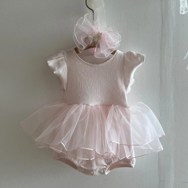 

2026 Summer New Girls Lace Princess Dress Cute Baby Girl Flying Sleeve Bodysuit Solid Infant Mesh Dress Toddler Clothes 0-24M