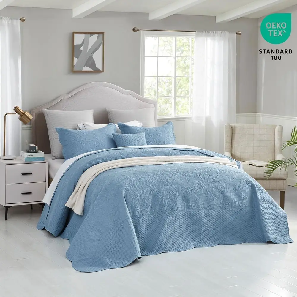 Queen Size Lightweight 5-Piece Reversible Coverlet Set - Ultrasonic Quilted Vintage Rose Pattern Bedding