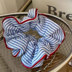 New Scrunchies Red Hem Blue Striped Hair Tie Sweet Fresh Elastic Hair Band Girls Women Hair Accessories Headwear