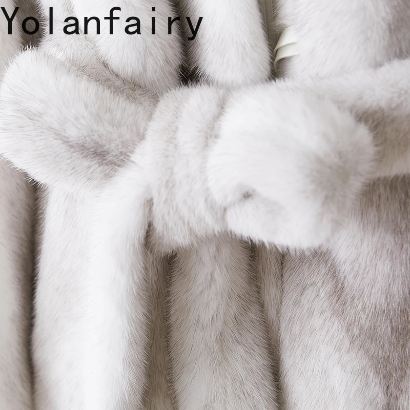 YOLANFAIRY Natural Fur Coat Cross Mink Fur Jackets for Woman Winter Elegant V-neck Mid-length Whole Mink Fur Coat Lace-up Abrigo