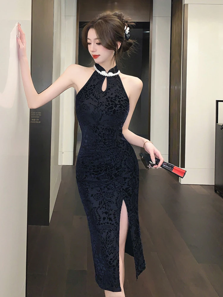 New Chinese Style Fashion Lady Black Evening Dress Women Clothing Elegant Vintage Sexy Sleeveless Slim Party Prom Vestido Fiesta