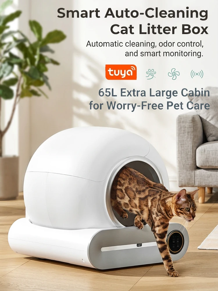 Automatische Katzentoilette, selbstreinigend, Geruchskontrolle, 65L großes Fassungsvermögen, mit APP-Steuerung und Sicherheitssensor, für mehrere Katzen, problemlos für große Katzen.