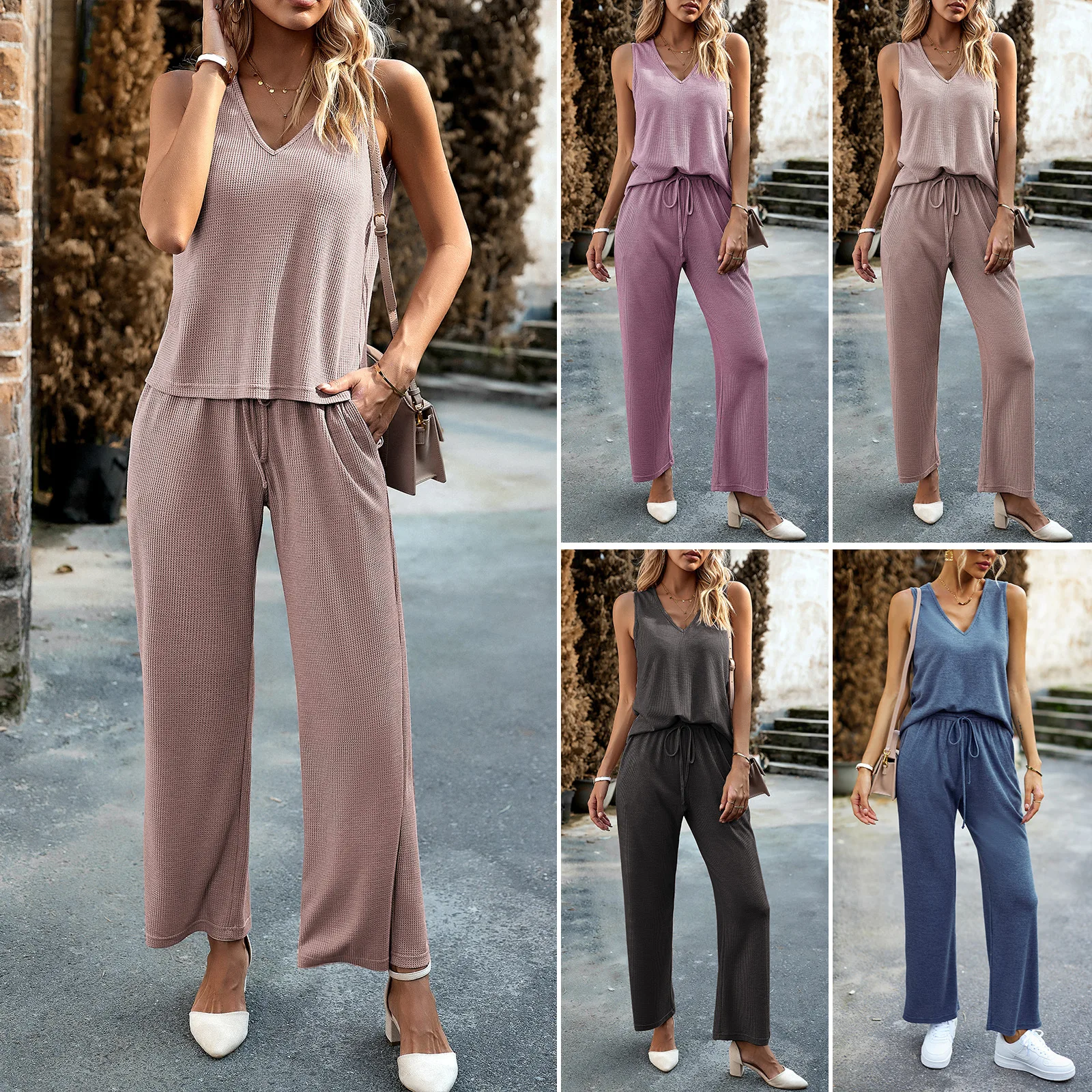 

Long Pants Sets Women 2 Pieces Outfits Fashion V-Neck Solid Sleeveless Tops Casual Wide Leg Pants Suit Streetwear Women Clothing