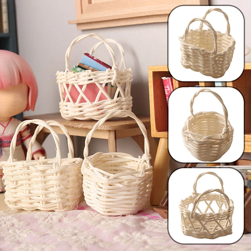 1/12 Dollhouse Woven Bread Basket Shopping Basket Straw Handbags Dollhouse Weaving Beach Bag For Dolls Miniature Decoration