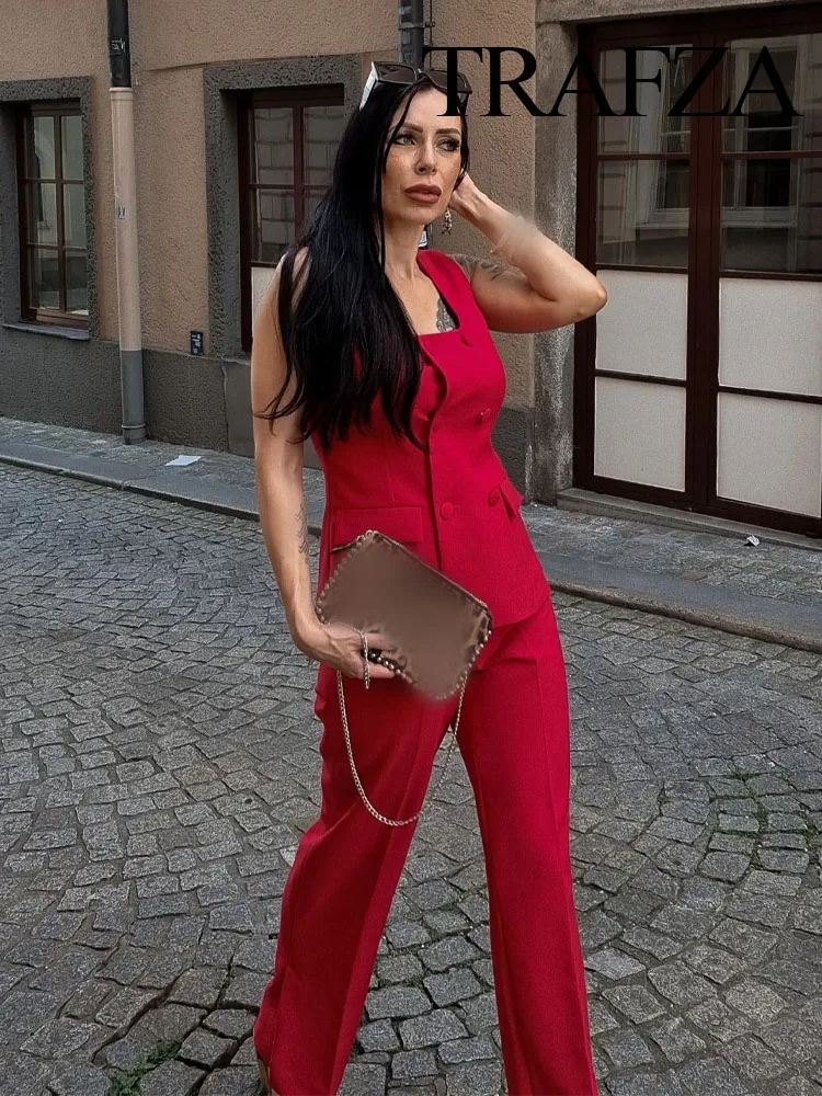 TRAFZA Summer Fashion Women Suits Red Square Neck Sleeveless Pockets Double Breasted Waistcoat Top+Mid-Waist Slit Stralght Pants