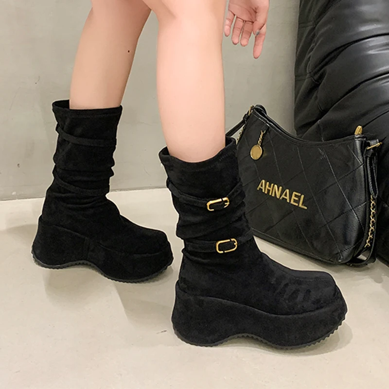 منصة منتصف العجل أحذية للنساء الشتاء أحذية مسطحة موضة حذاء رياضي 2025 مصمم القوطي تشيلسي أحذية المشي Zapatos سيدة