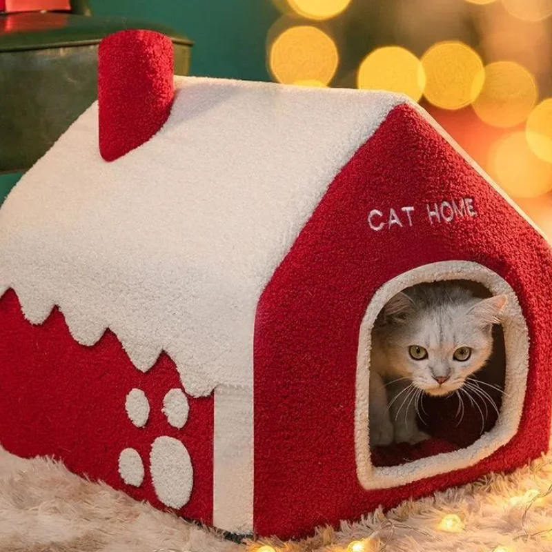 

Autumn Winter Warm Cat Tent Fully Enclosed Soft Plush Christmas Style Detachable Chimney Pet House Bulk Wholesale Supply
