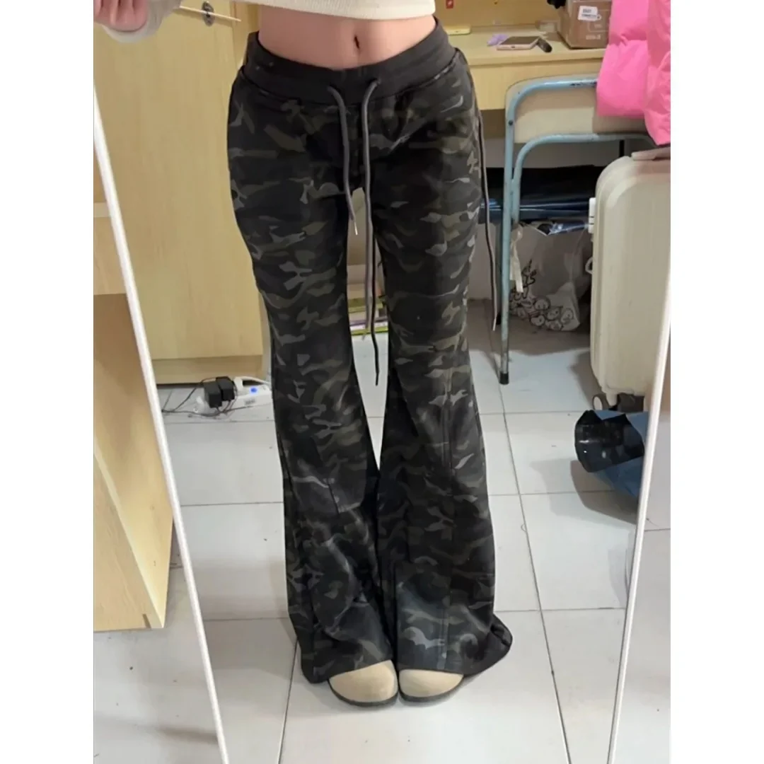 منخفضة الخصر التمويه ملابس العمل سراويل تقليدية فضفاضة التخسيس جرس قيعان للنساء الصيف واسعة الساق مستقيم سراويل طويلة