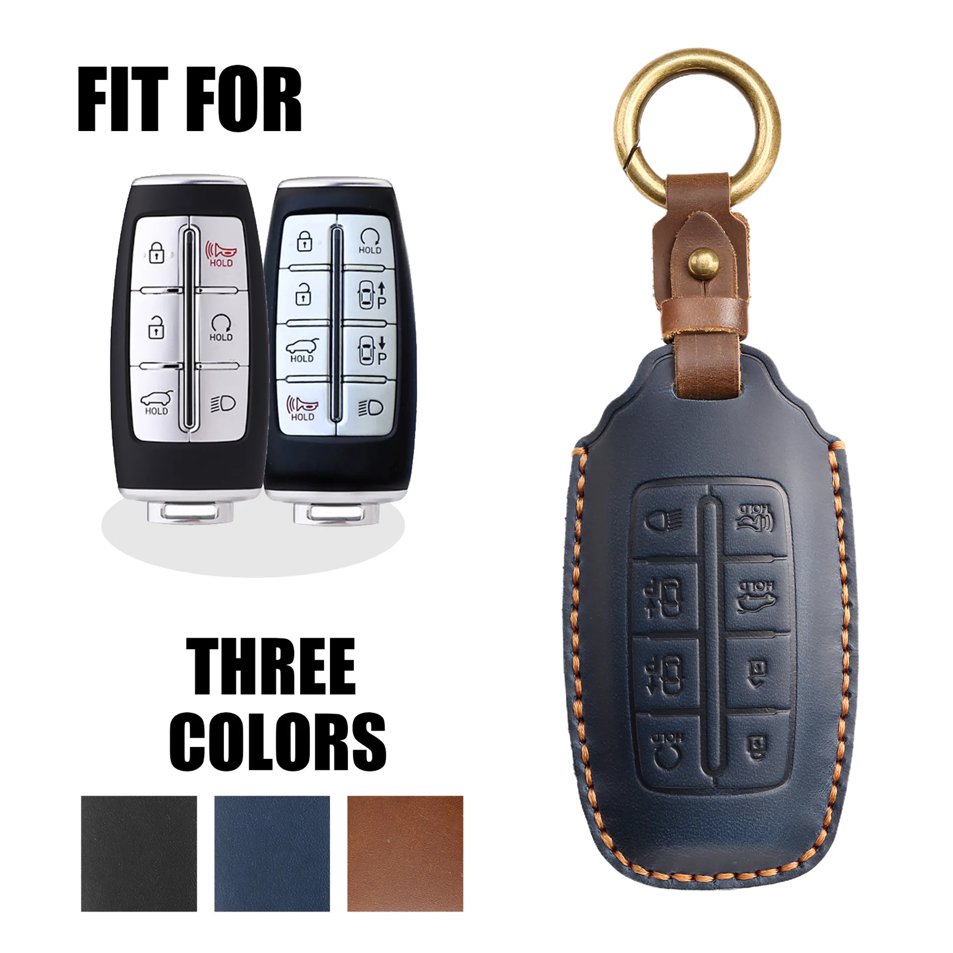 Präzisionsgefertigte Leder-Schlüsselhülle für Genesis GV70 GV80 G90, Vollschutz-Etui für 6/8-Tasten-Smartkey, Antik-Messing Schlüsselring