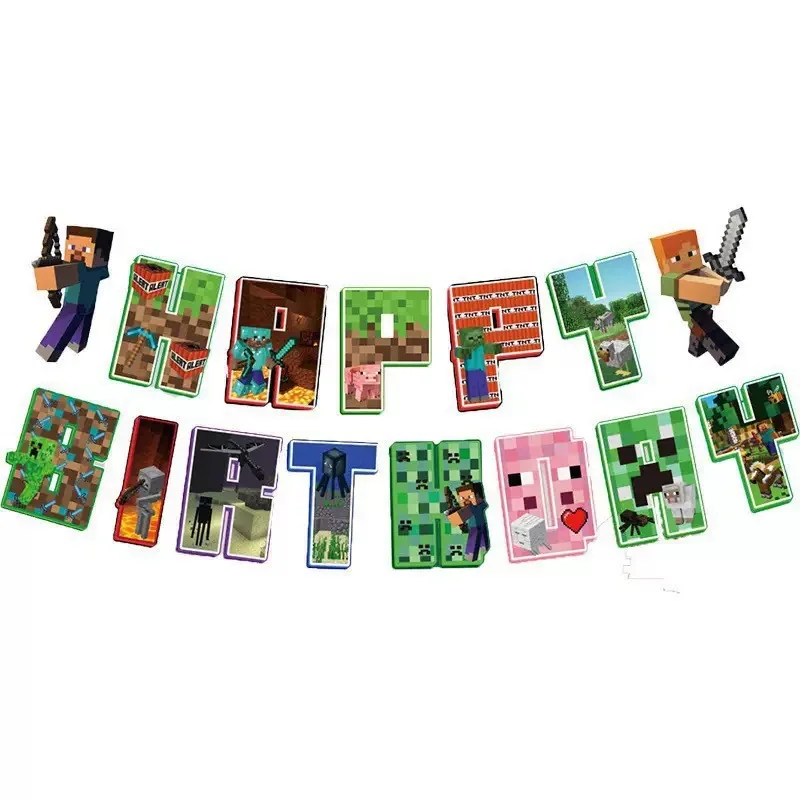43pcs a set for Minecrafte Happy Birthday Banner Party Decoration Anime Spiral Ornament Cake Topper Supplies Party Supplie Toy view 4