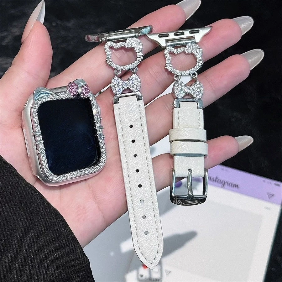 Hello Kitty Y2K Apple Watch Band Sanrio Leather Diamond Watchband Apply To Iwatch 38 44 46 42Mm S10 Woman'S Watch Strap Gift