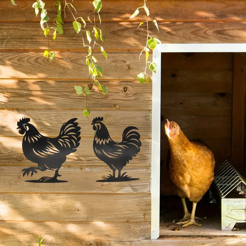 2Only Contains Metal Rooster and Hen Silhouettes for Outdoor Wall Decoration, Suitable for Your Courtyard Garden Wrought Iron