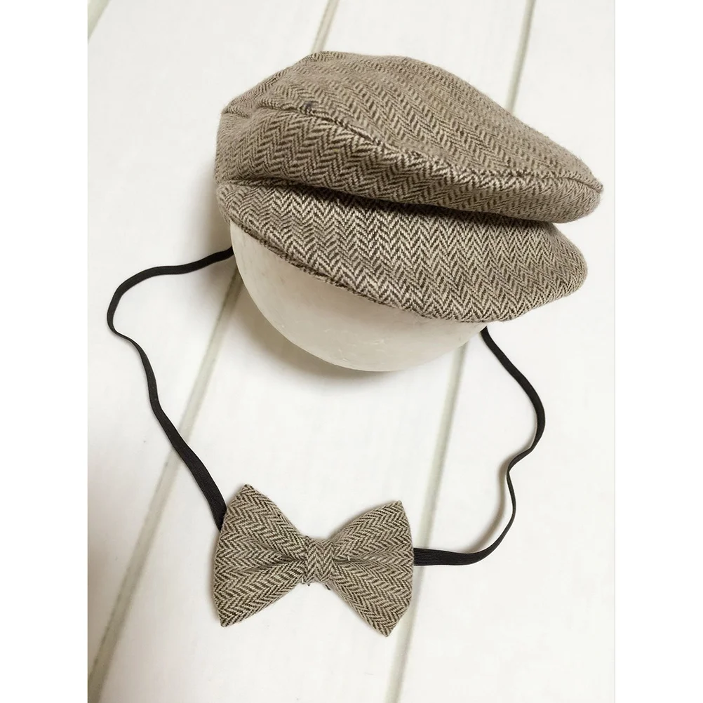 

Newborn Photography Props Handmade Crochet Peaked Cap Bow Tie Set for 0-2 Months Baby Coffee Newborn Photography Outfits