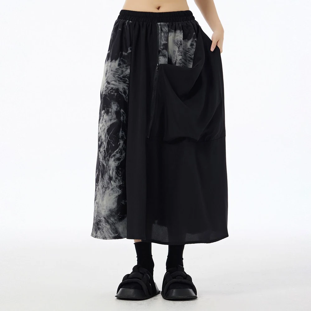 Retro Chinese Style Tie-Dye Splicing Mesh Waist Skirt 2024 Autumn New Fashionable Slim Temperament Versatile A-Line Skirt Unisex