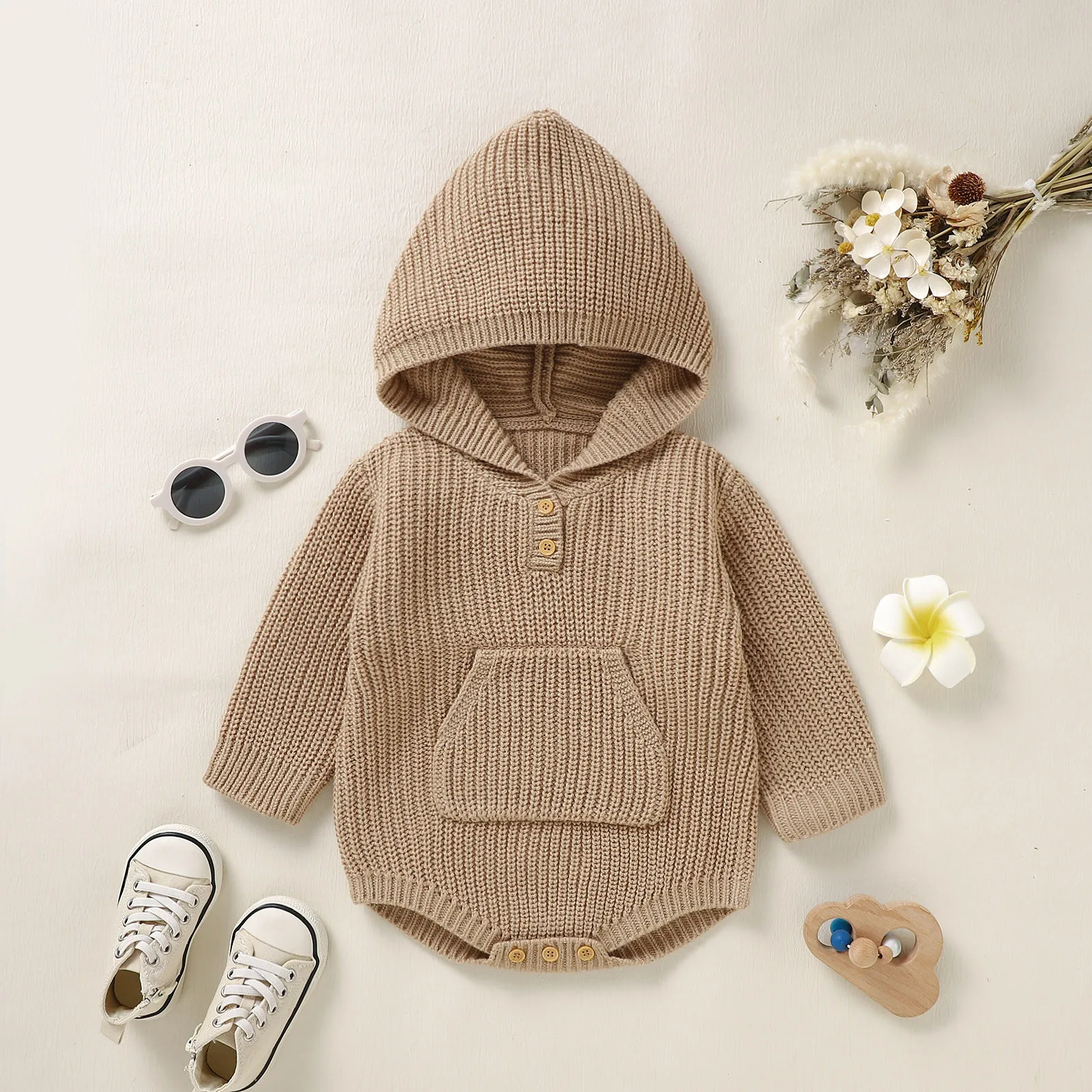 Baby Boy Clothes Autumn Newborn Infant Baby Girl Boy Solid Knit Sweater Hooded Romper Bodysuit Sweatshirt With Pocket Long