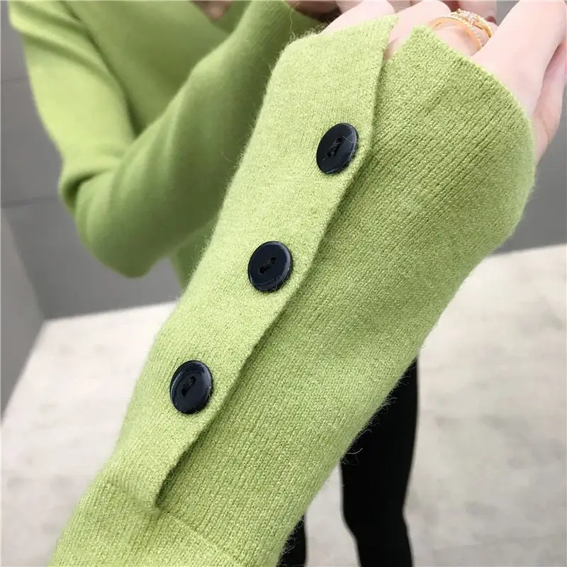 Autumn Winter Women\'s Clothing Solid Color Turtleneck Pullover Sweater Knitted Button Long Sleeve Casual Office Lady Tops