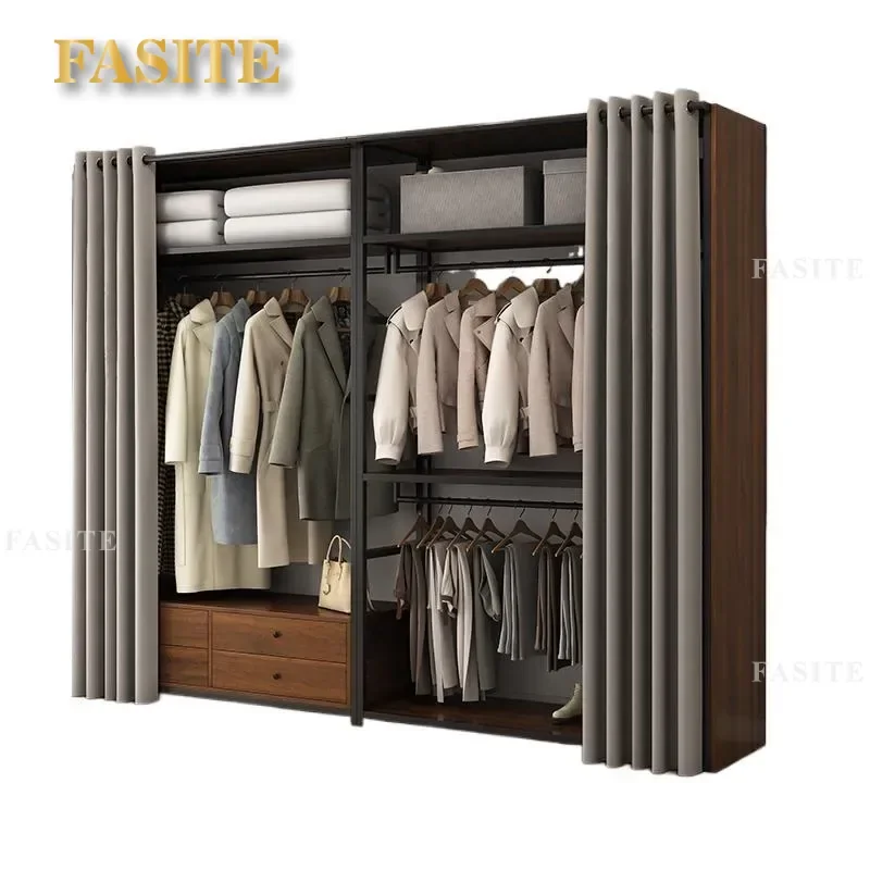 For Open Wardrobe Wrought Iron Double Metal Frame Shelf Assembly Bold Floor Standing Clothes Rack for Bedroom Cloakroom