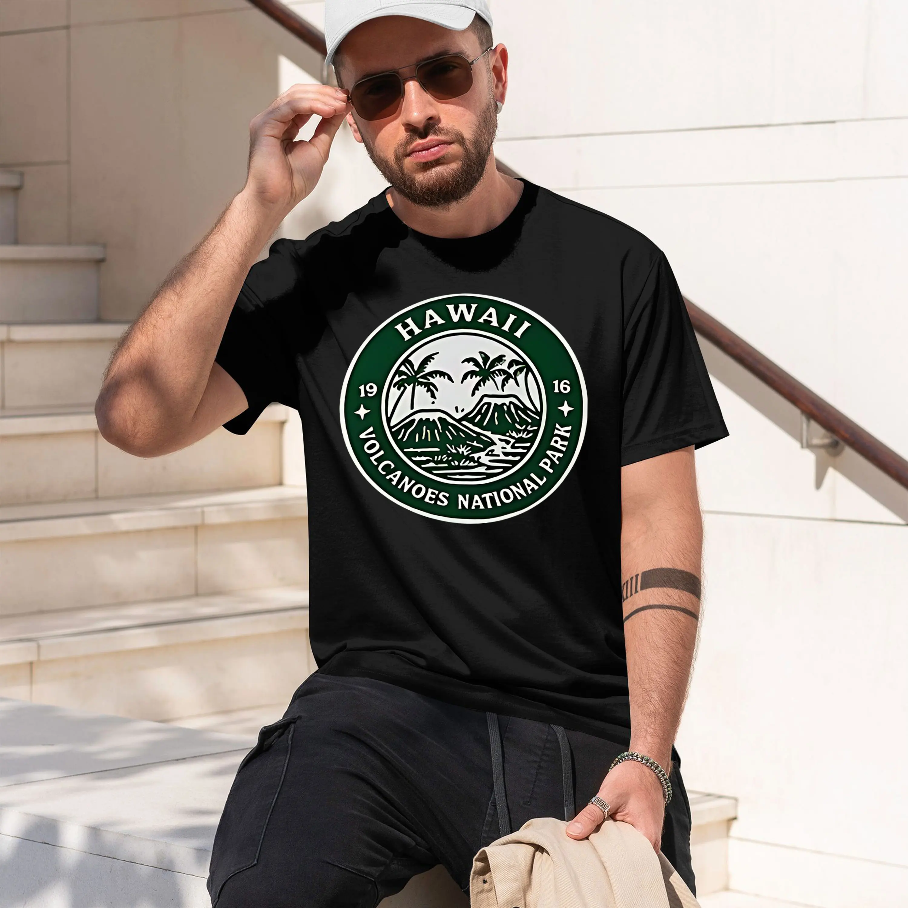 Hawaii Volcanoes National Park with Green Logo Perfect 2026 New Model Men’s Short-sleeve crewneck T-Shirt Classic Casual Multipl