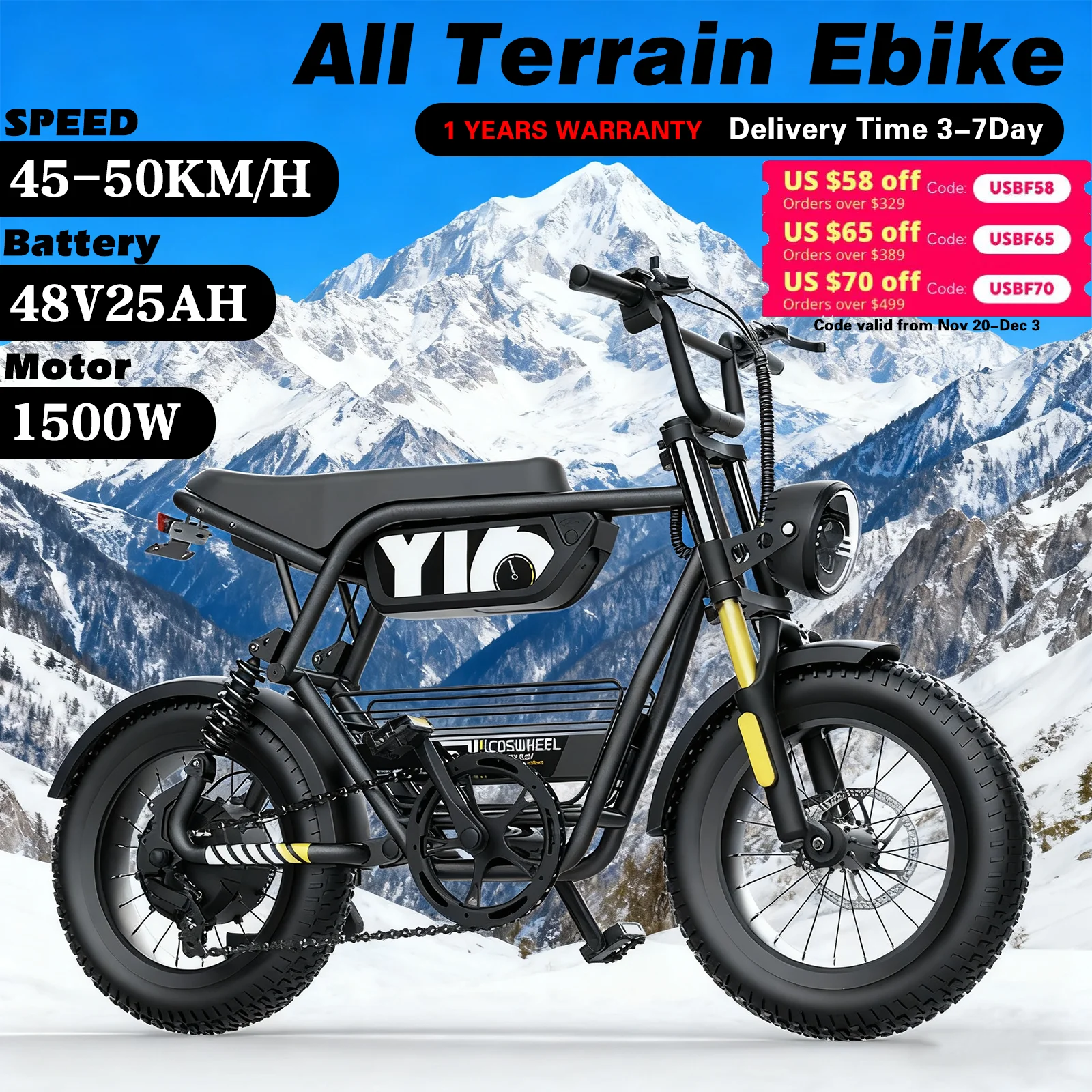 

Electric Bike 48V 1500W Peak Motor with 15AH Battery |16"Fat Tire E-Bike Dual Suspension&Waterproof for All Terrain Snow Riding