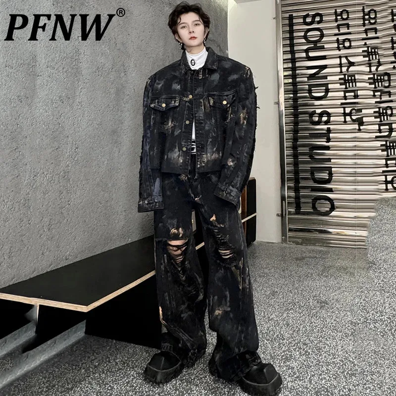 PFNW Niche Colorful Brushed Black Denim Set Men's Loose Jacket + Ripped Straight Denim Trousers Men's Casual Two Pieces 24X4260