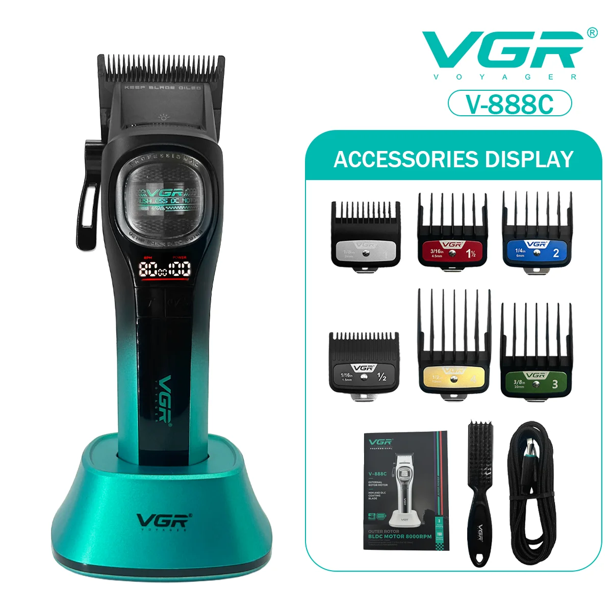 VGR Tondeuse Professionele Haartrimmer Draadloos Haarknipmachine BLDC-motor met buitenrotor Barbier Metalen Tondeuse voor mannen V-888C