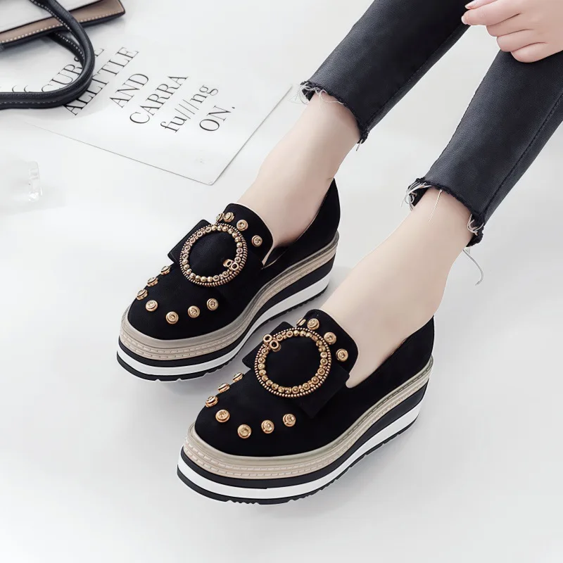 

Heightening Loafers Woman Buckle Square Toe Platform Wedge Shoes Casual Rivet Shallow Oxford Black Brown Flock Slip on Pumps