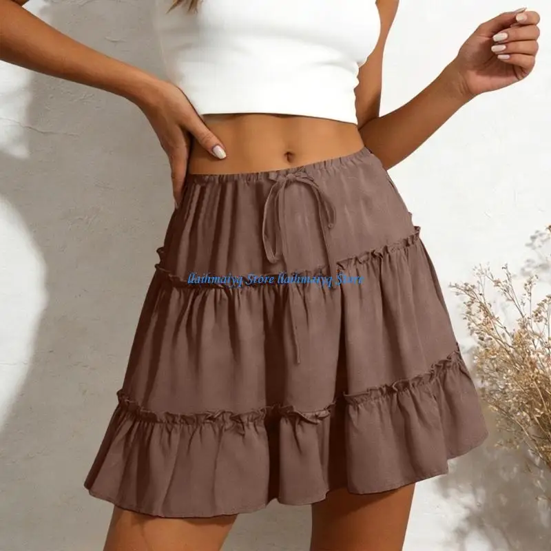 573B Women's Basic Flowy Skirts Vacation Flared Ruffle Tiered Elastic Waist Casual A-Line Skirt