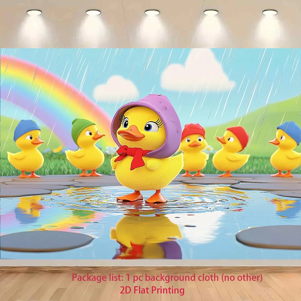 Adorable Ducklings Rainbow Rain Party Wall Tapestry Background Backdrop Cute Nursery Kids Room Decoration Polyester Fabric Mural