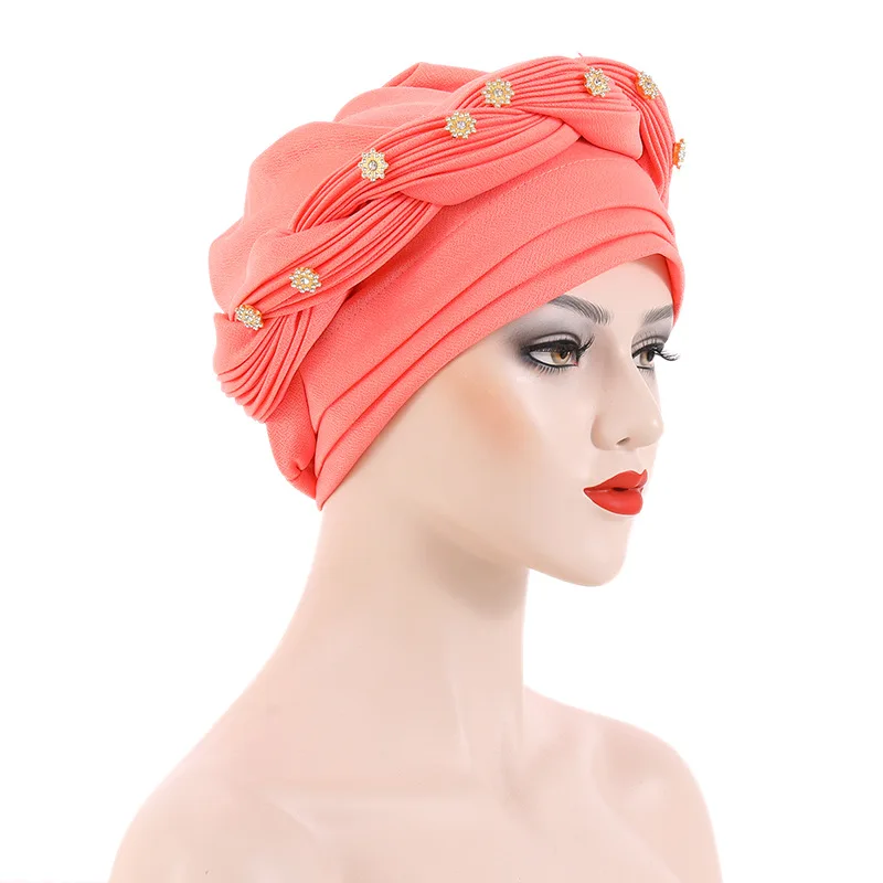 Multilayer Diamonds Braid Turban Caps Women Muslim Headscarf Bonnet Female Headwrap Hat Ready to Wear African Auto Gele Headtie