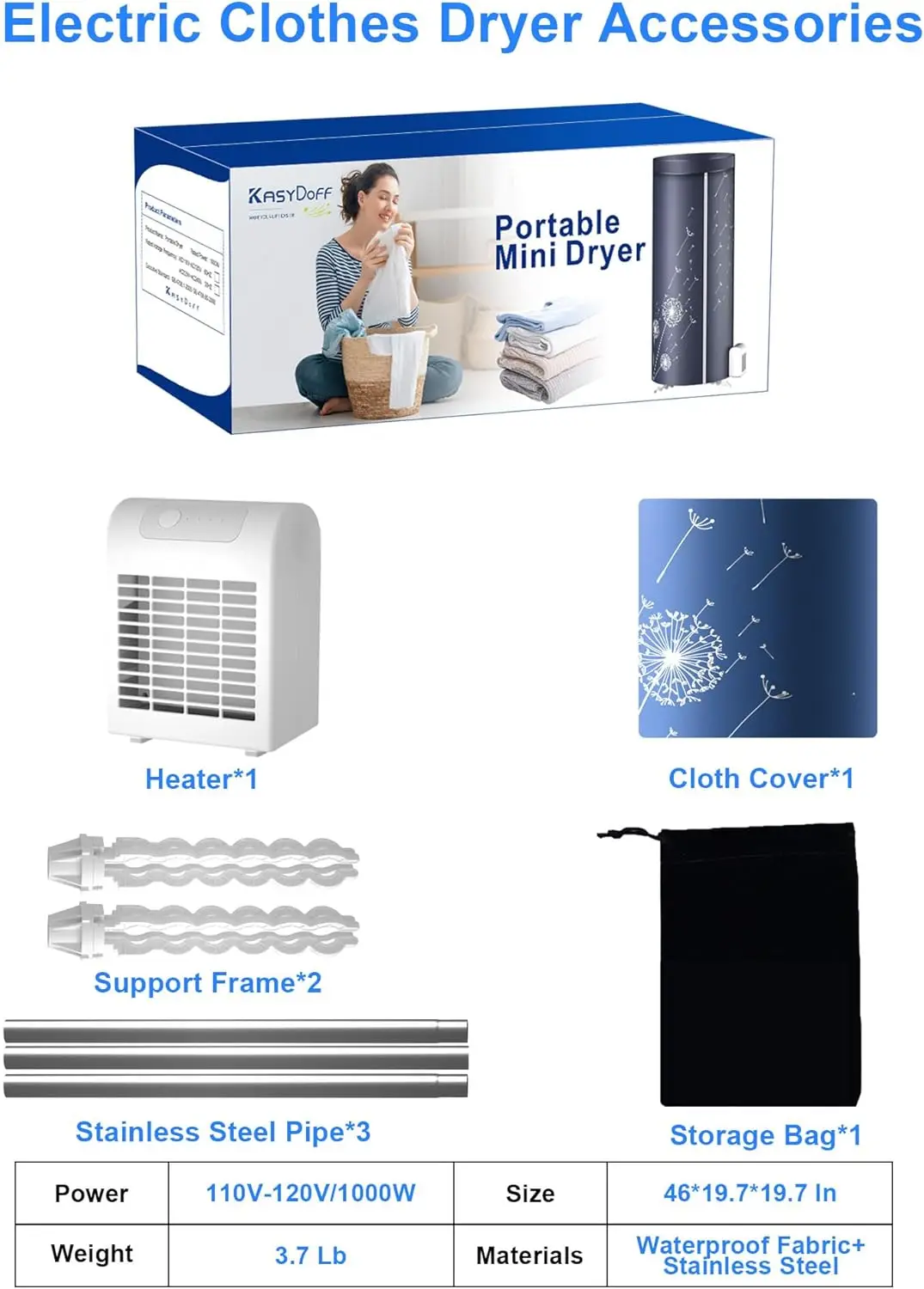 46Inch Portable Clothes Dryer, 1000W Mini Dryer with Storage Bag for Home, Travel, RVs